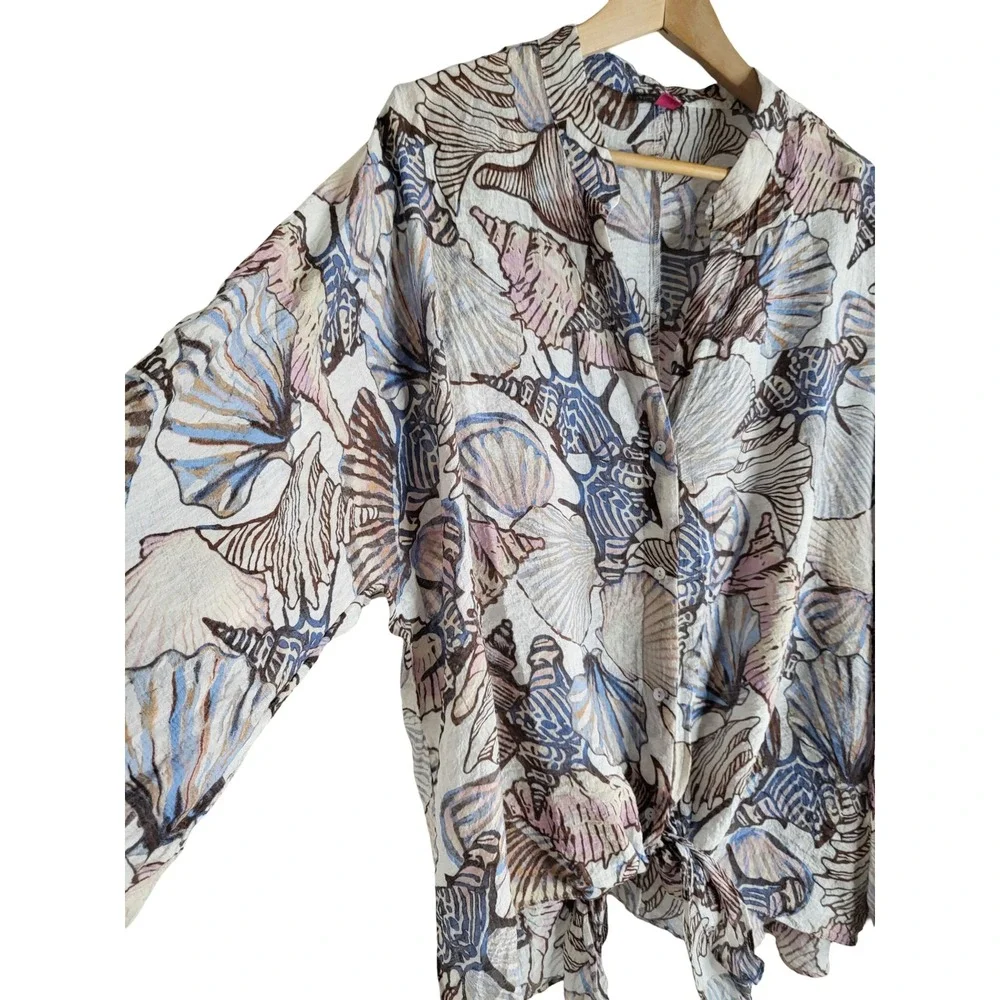 Vince Camuto Coastal Seashell Print Tie Front Blouse Blue Brown Beachy Boho 3X